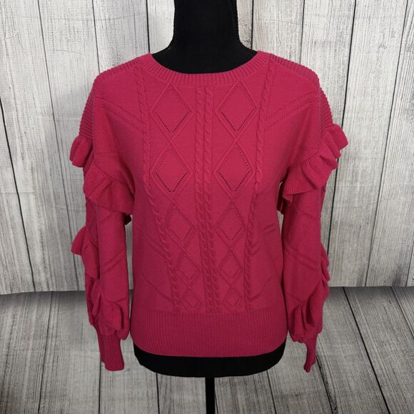WHBM Women's Small Hollywood Pink Crew Neck Puff Ruffle Sleeve Cable Sweater - Picture 1 of 6